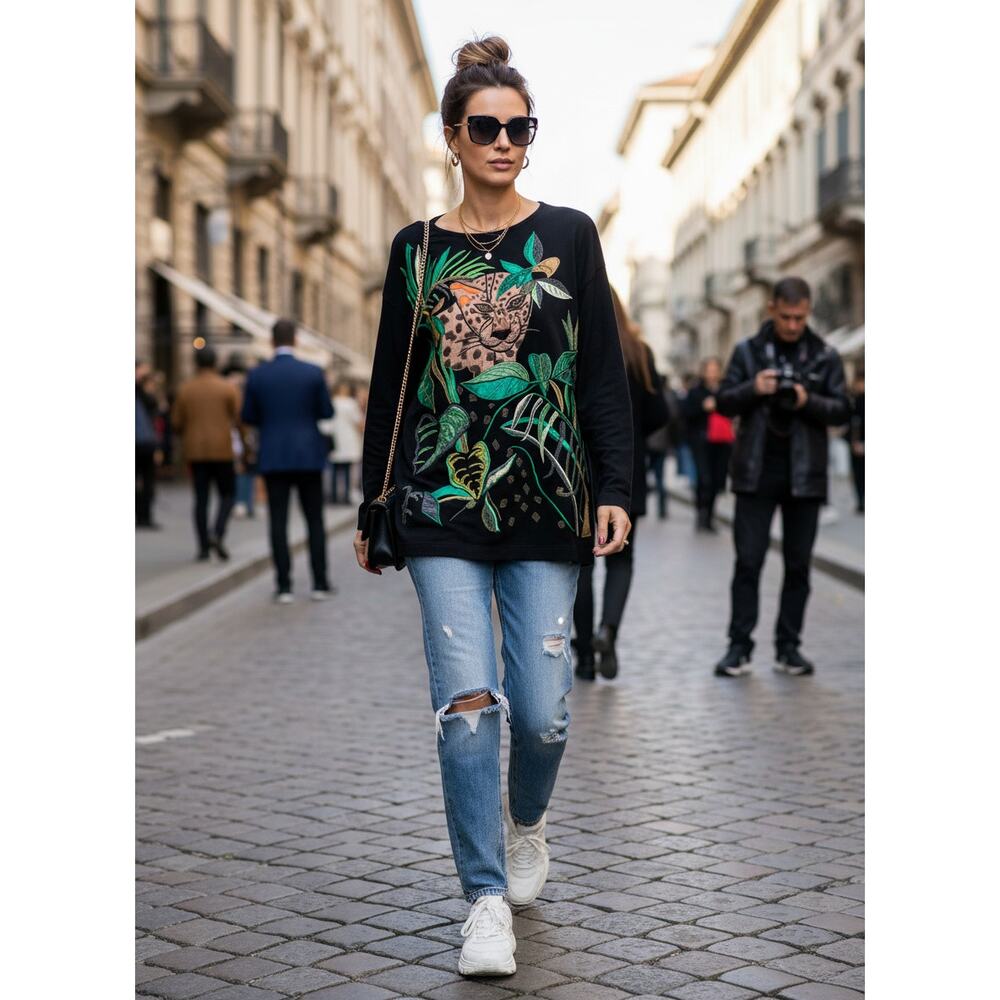 Vintage 90s Cedars Sweater Womens L Black Green Beaded Cougar Art Pullover